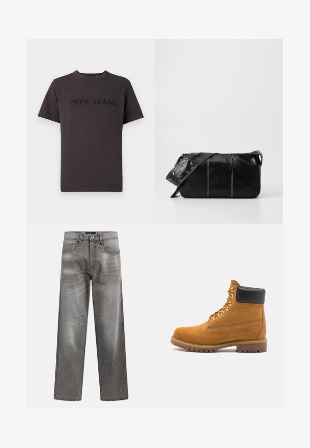 Dark gray t-shirt made of cotton, featuring short sleeves and a crew neckline. "PEPE JEANS" is embossed in black on the front.; Gray denim wide-leg jeans with a faded finish, classic five-pocket design, and a metal button closure. Textured fabric with subtle wear details.; Tan suede ankle boot with black padded collar, gold metal eyelets, white stitching detailing, and rugged rubber sole with pronounced treads.; Black leather shoulder bag with a zip closure, featuring a textured body, white stitching, and a strap with silver grommets.