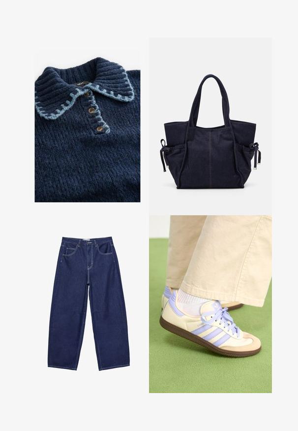 Next WITH STITCH COLLAR DETAIL - Pitkähihainen paita - blue navy; Tummansiniset farkkuisot, joissa on leveät lahkeet ja korkea vyötärö, viisi taskua sekä kontrastivalkoinen ompelu. Suora pinta, klassinen muotoilu.; Kermasilta ja laventelilta näyttävät lenkkarit kolmella raidalla ja teksturoidulla ruskealla pohjalla, varustettuna nauhoilla ja pehmustetulla kantapäällä. Pehmeä kangaspinta.; Becksöndergaard LAUREL BAG - Shopping bag - naval academy blue