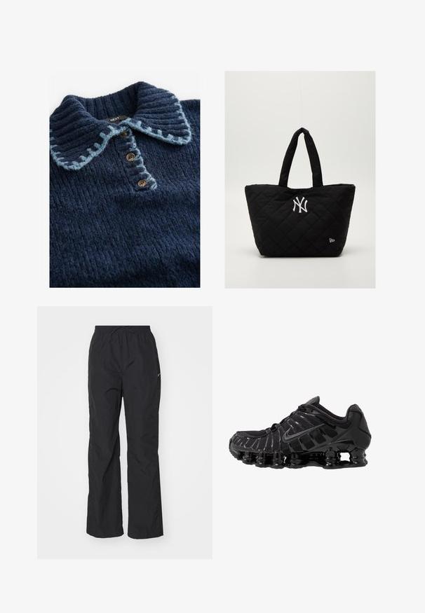 Next WITH STITCH COLLAR DETAIL - Camiseta de manga larga - blue navy; Pantalones negros ligeros con cintura elástica y cordón. Presentan un acabado texturizado y un pequeño logo reflectante en el costado.; Zapatilla deportiva negra con parte superior de malla y detalles brillantes. Presenta amortiguación de bobina curvada y líneas texturizadas en el lateral. Logotipo de Nike visible.; Bolsa tote negra acolchada con doble asa, que presenta un logo blanco de los New York Yankees y un pequeño emblema de la marca en el lateral.