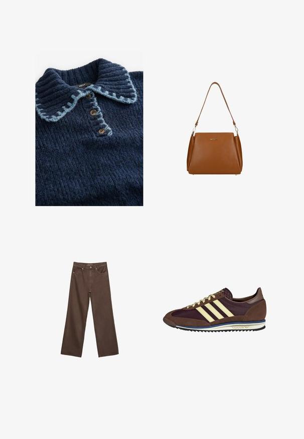 Next WITH STITCH COLLAR DETAIL - Langarmshirt - blue navy; Weite braune Jeans aus Denim, mit hoher Taille, Fronttaschen und klassischem Knopfverschluss. Glatte Textur mit feinen Nähten.; Braune und burgunderfarbene Sneaker aus Wildleder und Mesh-Materialien, mit drei cremefarbenen Streifen, strukturiertem Stoff an der Zunge und einer Gummisohle.; Braune Ledertasche mit strukturierter Oberfläche, einem einzelnen Schulterriemen und einem dezenten Logo auf der Vorderseite. Verfügt über ein strukturiertes Design.