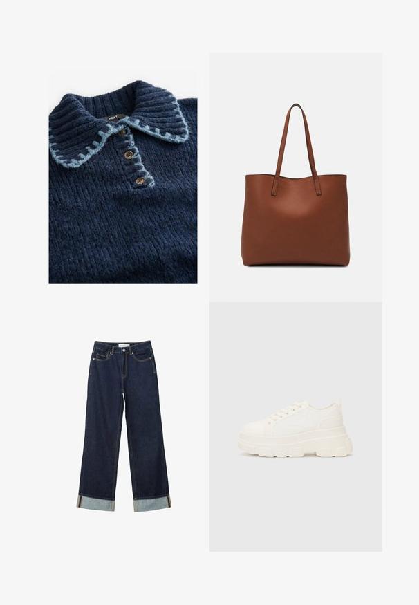 Next WITH STITCH COLLAR DETAIL - Majica z dolgimi rokavi - blue navy; Temno modri široki jeans z visokim pasom, s zavitimi manšetami, kontrastnim šivanjem in dizajnom s petimi žepi. Narejeni iz jeansa.; Bela platnena teniska z debelim podplatom, okroglo konico in petimi luknjicami za vezalke. Zadaj je dodana zanka za enostavno obuvanje. Gladka tekstura, minimalistična zasnova.; Rjava usnjena torba z gladko teksturo, odprto zasnovo zgoraj in dvema naramnima trakovoma. Opremljena je z minimalnim šivanjem in brez vidnih kovinskih delov.