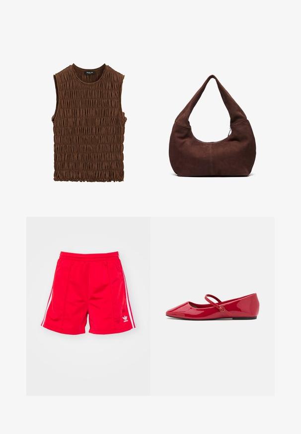 Brun ærmeløs top lavet af samlede stoffer. Har en rund halsudskæring og en tekstureret overflade med en let elastisk kant.; Røde sports shorts med elastisk talje, der har hvide sideløbninger og et broderet logo nederst til venstre. Glat tekstur.; Røde patentlæder balletflade sko med spidse tæer og en dekorativ rem over vristen, der har en lille rund lukning. Flad sål.; Brun ruskinds hobo taske med et buet, bredt håndtag og en stor åbning. Blød tekstur med synlige stikninger langs kanterne.