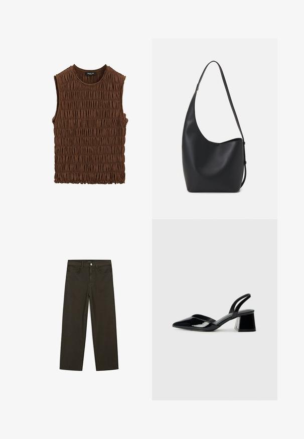 Bruine zonder mouwen top van gepofte stof. Kenmerkt zich door een ronde halslijn en een gestructureerd oppervlak, met een iets elastische onderrand.; Donkergroene wijde jeans van een katoenmix, met een sluiting met een voorste knop, vijf zakken en klassieke denimstiksels.; Zwarte gepatineerde leren slingback hakken met een spitse neus en een geometrische blokhak. Kenmerkt zich door een slank, minimalistisch ontwerp en een gladde textuur.; Zwarte leren hobo tas met een gladde textuur, kromme vorm en een enkele verstelbare schouderband; heeft een brede opening aan de bovenkant.