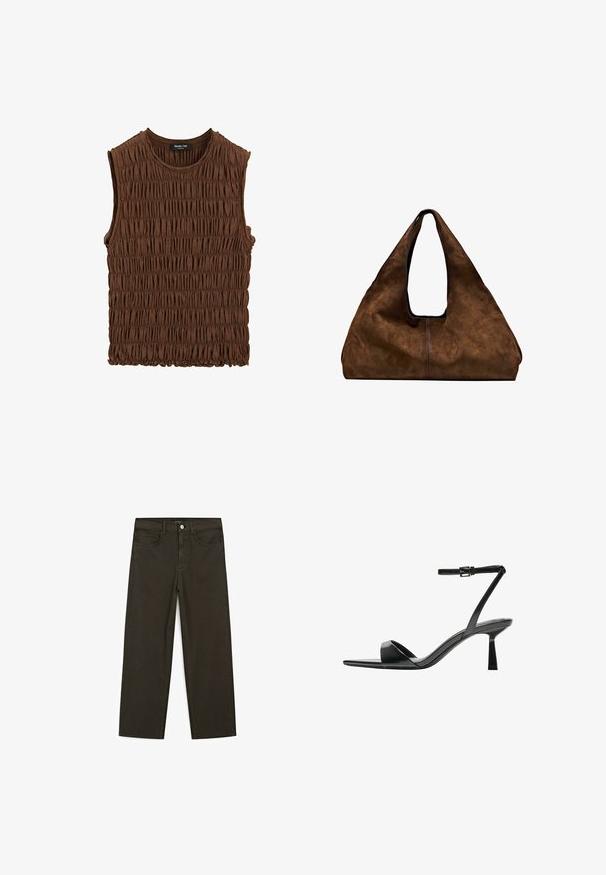 Bruine zonder mouwen top van gepofte stof. Kenmerkt zich door een ronde halslijn en een gestructureerd oppervlak, met een iets elastische onderrand.; Donkergroene wijde jeans van een katoenmix, met een sluiting met een voorste knop, vijf zakken en klassieke denimstiksels.; Bershka Sandalen met hoge hak - black; Bruine suède schoudertas met een open bovenkant. Heeft een diepe, brede vorm, een uitsnijdend handvat en een minimale stiksels voor een strak ontwerp.
