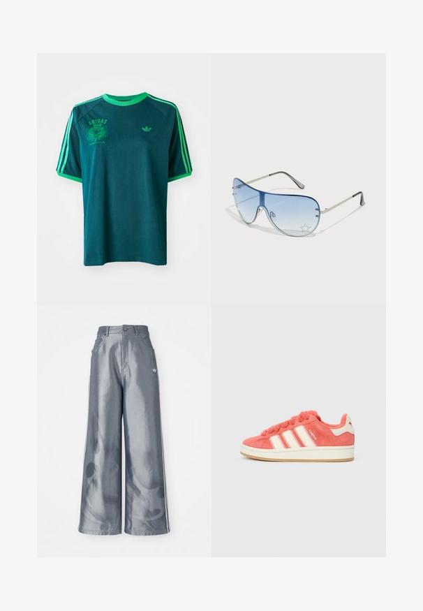 T-shirt de algodão azul-petróleo com detalhes verdes, apresentando um decote redondo, mangas raglan e logótipo da Adidas impresso no peito e na manga.; Calças de pernas largas em material cinza brilhante, com riscas brancas nas laterais e um padrão de chamas na parte inferior das pernas. Fecho com botão e fecho éclair na cintura.; Sapatilha de camurça rosa com riscas creme, atacadores redondos e uma lingueta texturizada. Apresenta uma sola de borracha de goma e um logótipo no calcanhar.; Óculos de sol aviador com lentes azuis em degradê, armação metálica prateada e detalhes decorativos de estrelas nas lentes. Design suave e elegante.