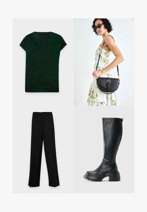 Dark green short-sleeve shimmer top with round neckline and relaxed fit on a plain background.; Black wide-leg trousers made of smooth fabric, featuring a classic waistband with a button closure and front pleats.; Tall black leather boot with chunky platform sole and block heel, featuring pull tab and textured tread on outsole.; Black leather handbag with a curved shape, detachable strap, and gold hardware. The bag features a flap with a buckle detail.