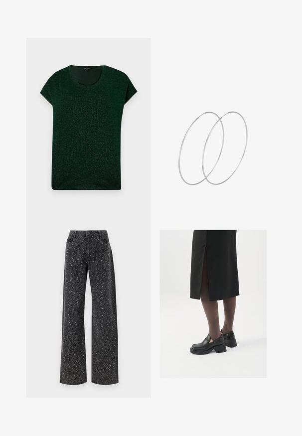 Temno zelena kratka majica s sijajem in okroglim izrezom, sproščenega kroja na enotni podlagi.; Noisy May NMJANNEL LOOSE - Široke kavbojke - black denim; Črne usnjene čevlje s zaobljenim prstom, debelim blokastim petama in elastičnimi stranskimi detajli, v kombinaciji s temno nogavicami in črno krilo z razporkom.; Srebrne uhane v obliki obroča z minimalističnim dizajnom. Krožna oblika, gladka tekstura in tanek profil. Lahki s poliranim zaključkom.