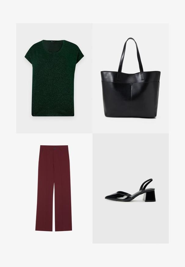 Tumši zaļš īsā piedurkne mirdzošs tops ar apaļu kakla izgriezumu un brīvu piegriezumu uz vienkārša fona.; Bordo bikses ar plašu kāju dizainu, kurām ir pogu aizdare, divas sānu kabatas un krokotas priekšpuses detaļas. Gluda auduma tekstūra.; Melna lakota āda ar atvērto papēdi, ar smailu purngalu un ģeometrisku blokpapēdi. Iezīmējas elegants, minimāls dizains un gluda tekstūra.; Melnas ādas iepirkumu soma ar divām garām rokturām, gludu tekstūru un strukturētu formu. Iekļauj priekšējo kabatu papildu uzglabāšanai.