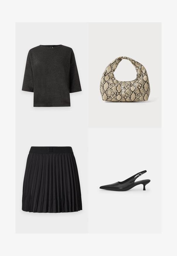 Dark gray, short-sleeved top made of soft fabric. Features a round neckline and simple, boxy shape without embellishments or patterns.; Black pleated skirt with a smooth texture, featuring a solid black waistband and an embossed logo detail at the front.; Black leather slingback shoe with a pointed toe and a slim, curved heel. Features a discrete adjustable strap with a metal buckle.; Snake-print handbag with a curved handle. Made from textured, beige and brown materials, featuring a distinctive diamond pattern.