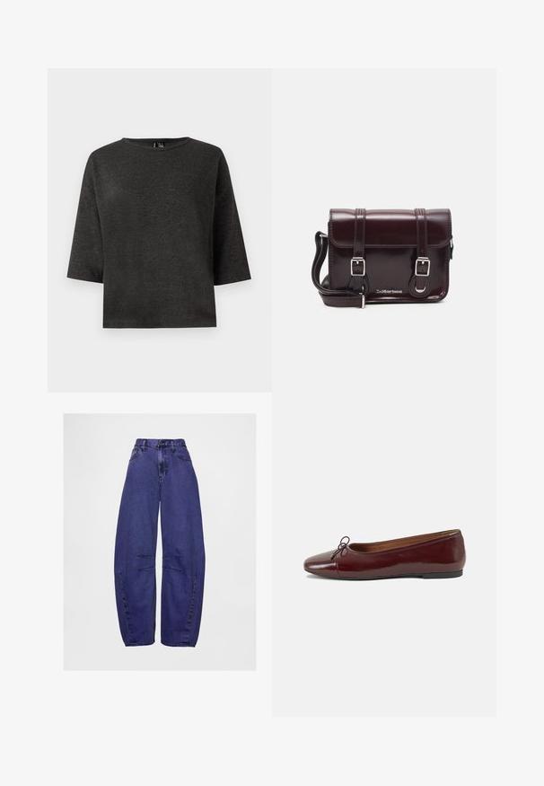 Dunkelgrau, kurzärmeliges Oberteil aus weichem Stoff. Hat einen runden Ausschnitt und eine schlichte, kastige Form ohne Verzierungen oder Muster.; Hoch taillierte, lockere lila Denim-Jeans mit Fronttaschen, Knopfverschluss und genähten Details an den Kniebereichen.; Burgunderfarbenes, lackiertes Ballettschuh mit abgerundetem Zehenbereich, kleiner Schleifenakzent vorne und einer niedrigen, schwarzen Gummisohle. Glatte Textur.; Burgunderfarbene Patelleder-Crossbody-Tasche mit rechteckiger Form, zwei Riemen, silberfarbener Hardware und einem Klappenverschluss.