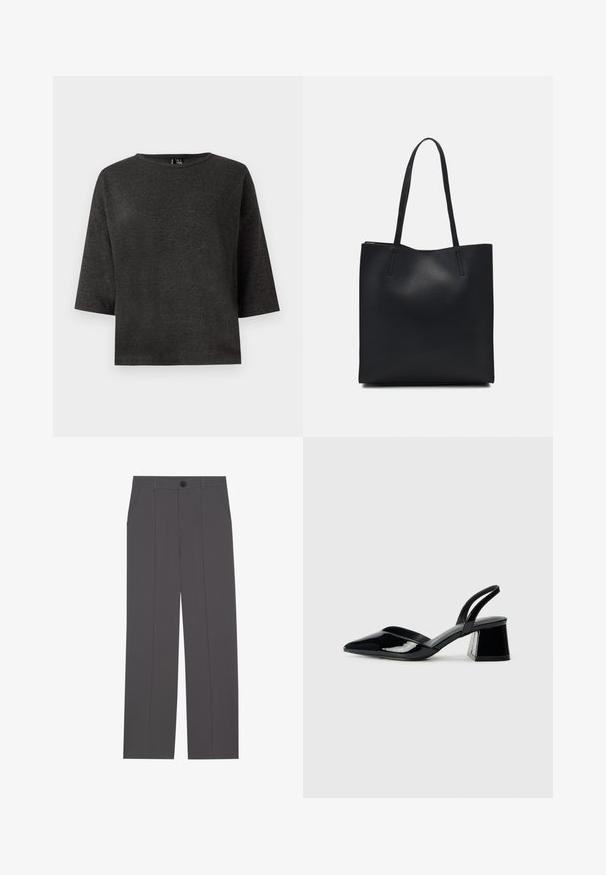 Dunkelgrau, kurzärmeliges Oberteil aus weichem Stoff. Hat einen runden Ausschnitt und eine schlichte, kastige Form ohne Verzierungen oder Muster.; Graue Hose im geraden Schnitt, mit zwei seitlichen Taschen und einem Knopfverschluss. Glattes Material ohne sichtbare Muster oder Akzente.; Schwarze Lackleder-Slingback-High Heels mit spitzem Schuh und einem geometrischen Blockabsatz. Verfügt über ein schlankes, minimalistisches Design und eine glatte Textur.; Schwarze Laptoptasche aus Leder mit glatter Textur, rechteckiger Form und zwei langen Griffen. Keine sichtbaren Beschläge oder Verzierungen.