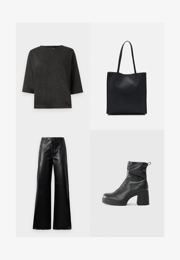 Dark gray, short-sleeved top made of soft fabric. Features a round neckline and simple, boxy shape without embellishments or patterns.; Black high-waist wide-leg faux leather pants with front button, zip closure, belt loops, and side pockets on white background.; Black ankle boots made of smooth leather, featuring a side zipper, chunky textured heel, and rounded toe design.; Black leather tote bag with smooth texture, rectangular shape, and two long handles. No visible hardware or embellishments.