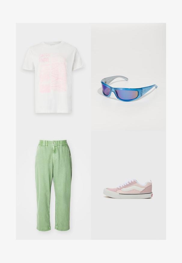 Witte katoenen T-shirt met een roze grafische print waarop de tekst "CATCH A WAVE" en abstracte ontwerpen op de voorkant staan. Korte mouwen, ronde hals.; Lichtgroene, relaxte broek gemaakt van zachte stof. Voorzien van een knoop en een elastische tailleband, met zijzakken en taps toelopende pijpen.; Vans KNU SKOOL - Skateschoenen - pink; Blauwe zonnebril met een doorschijnend montuur, spiegelende lenzen met een verloopkleur en een sportief ontwerp voor een veilige pasvorm tijdens activiteiten.