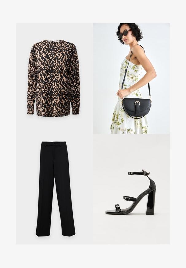 Black long-sleeve top featuring a leopard print in beige. Made of soft, textured fabric. Crew neckline with a relaxed fit.; Black wide-leg trousers made of smooth fabric, featuring a classic waistband with a button closure and front pleats.; Black patent high-heeled sandals with two buckle straps, square toe, and a chunky block heel, featuring a smooth, glossy texture.; Black leather handbag with a curved shape, detachable strap, and gold hardware. The bag features a flap with a buckle detail.