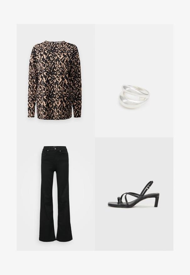 Juoda ilgomis rankovėmis bluzonė su leopardų raštu smėlio spalva. Pagaminta iš minkštos, tekstūruotos medžiagos. Apykaklė su klasikinį iškirpimu ir laisvu siluetu.; Juodos plačios džinsinės kelnės, pagamintos iš denimo, su aukštu liemeniu, penkiomis kišenėmis ir metaliniu sagčių uždarymu. Lygi tekstūra su minimaliu dekoravimu.; Juodi šlepetės su kvadratiniu pirštu ir žemu bloku kulnu. Yra keli ploni dirželiai ir reguliuojamas kulkšnies diržas. Pagaminti iš lygios odos.; Sidabrinis dvigubas žiedas su lygiu, poliruotu paviršiumi. Pasižymi sklandžiu, kreiptu dizainu su persipinančiomis dalimis, suteikiančiomis modernų išvaizdą.