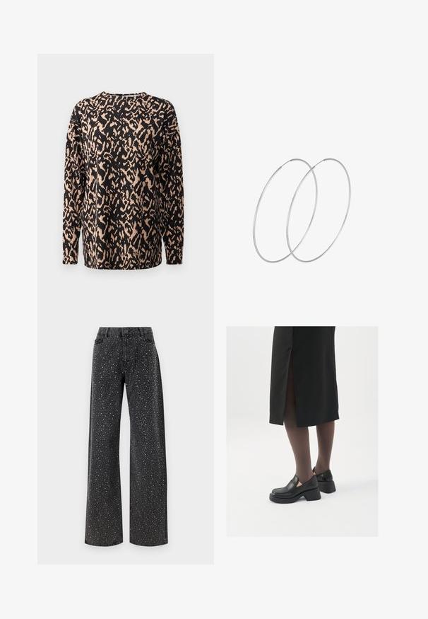 Crna majica dugih rukava sa leopard uzorkom u bež boji. Izrađena od meke, teksturirane tkanine. Okrugli izrez s ležernim krojem.; Noisy May NMJANNEL LOOSE - Traperice opuštenog kroja - black denim; Crne kožne cipele s zaobljenim vrhom, debelim blok petama i elastičnim bočnim detaljima, uparene s tamnim čarapama i crnom suknjom s prorezom.; Srebrne okrugle naušnice s minimalističkim dizajnom. Kružni oblik, glatka tekstura i tanak profil. Lagane s poliranim završetkom.
