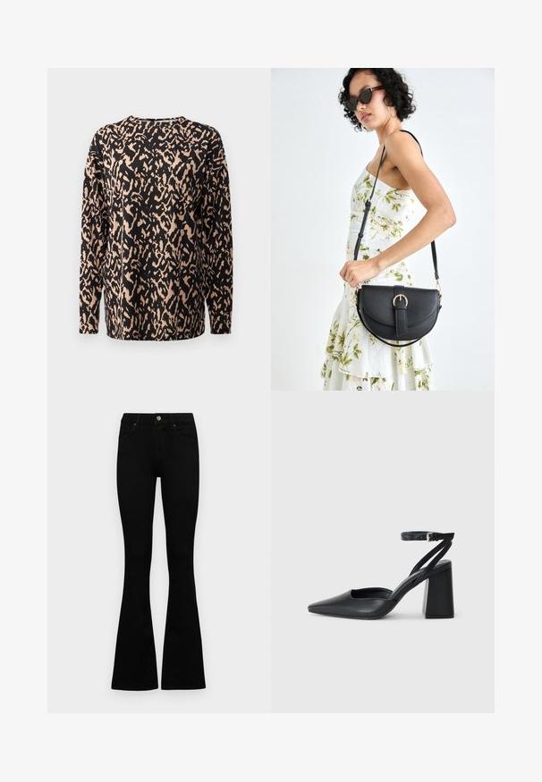 Juoda ilgomis rankovėmis bluzonė su leopardų raštu smėlio spalva. Pagaminta iš minkštos, tekstūruotos medžiagos. Apykaklė su klasikinį iškirpimu ir laisvu siluetu.; Juodos aukšto liemens džinsai su mygtuku ir užtrauktuku, priekinėmis kišenėmis ir platėjančiomis kojomis, išdėstyti ant baltos fono.; Juoda odinė smailiagalė aukštakulnio bateliai su kulkšnies dirželiu ir storu kulnu. Lygus paviršius, elegantiškas dizainas ir minimalistiška estetinė. ; Juodas odinis krepšys su išlenkta forma, nuimamu dirželiu ir auksiniais detalėmis. Krepšys turi kilpą su sagtimi.