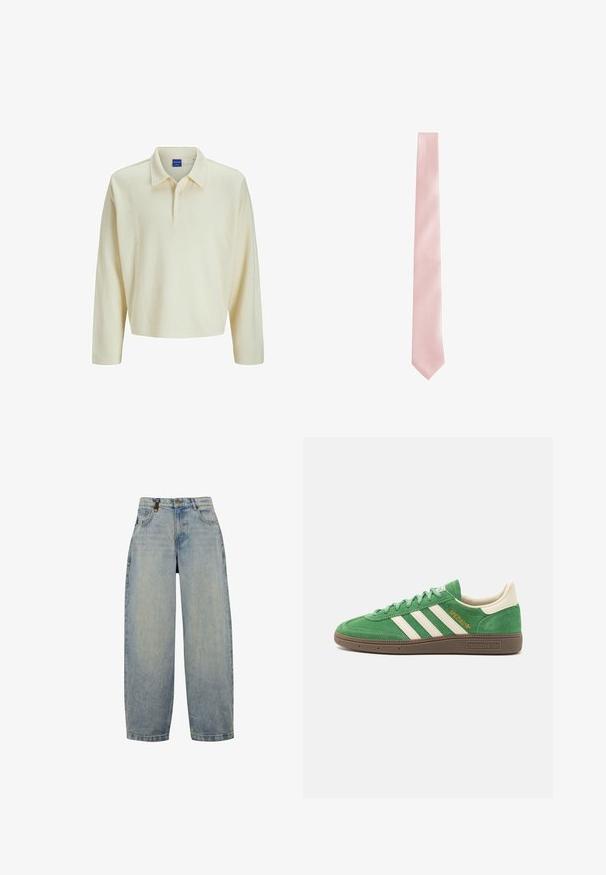 Długy rękaw polo w kremowym beżowym prążkowanym materiale, z kołnierzykiem i zapięciem na trzy guziki. Prosty, luźny krój z prostym dołem.; Biała koszula z długim rękawem wykonana z bawełny, z kołnierzykiem zapinanym na guziki, jedną kieszonką na piersi i swobodnym krojem. Posiada małe guziki na przodzie.; Jasnoniebieskie dżinsy o luźnym kroju, z wysokim stanem, szerokimi nogawkami, klasycznym pięciopocketowym fasonie oraz metalowymi akcentami.; Zielone zamszowe sneakersy z białym wzorem trzech pasków, kremowymi akcentami i brązową teksturowaną podeszwą. "SPEZIAL" wyhaftowane na złoto z boku.; Jasnoróżowy krawat o gładkim, satynowym wykończeniu i subtelnym diagonalnym prążkowanym wzorze; zwężający się koniec i równomierna szerokość na całej długości.
