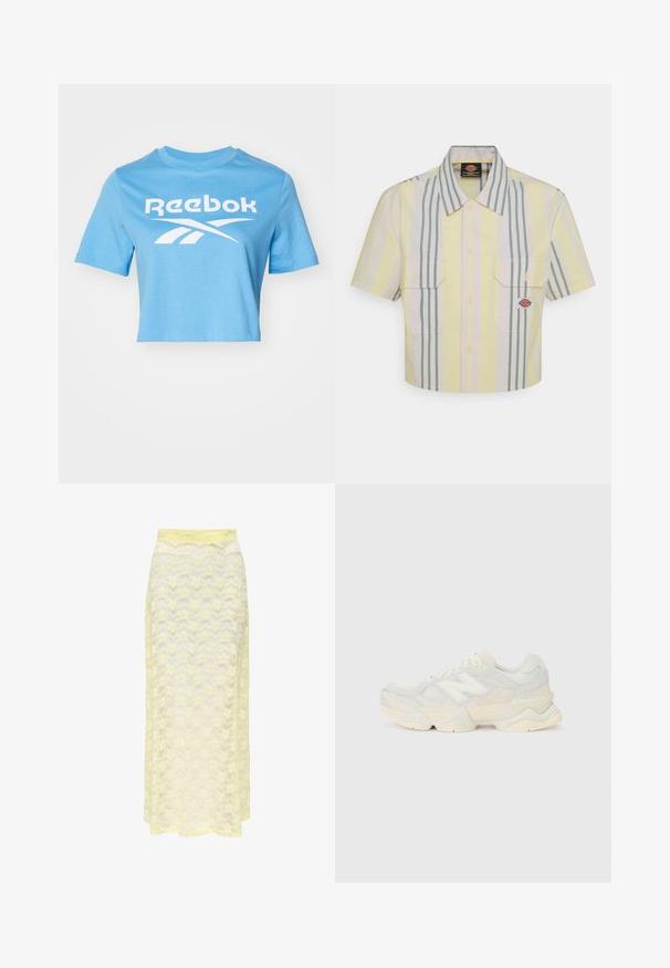 Ανοιχτό μπλε κοντομάνικο μπλουζάκι από βαμβάκι με λευκό λογότυπο Reebok και γραφικό σχέδιο. Κοντά μανίκια και στρογγυλή λαιμόκοψη.; Κοντομάνικο πουκάμισο σε ανοιχτό κίτρινο χρώμα με κατακόρυφες πράσινες και παστέλ ρίγες. Διαθέτει δύο τσέπες στο στήθος και ένα λογότυπο στην αριστερή τσέπη.; Κίτρινη δαντελένια μάξι φούστα με κυματιστό σχέδιο, διαθέτοντας λείο λάστιχο στη μέση και μαλακή, διάφανη υφή. Σχεδιασμένη για ροή και κομψό σχήμα.; Ελαφριά αθλητικά παπούτσια με άνω τμήμα από πλέγμα και σουέτ σε απαλές κρέμ αποχρώσεις, με χοντρή σόλα και τρισδιάστατες λεπτομέρειες.