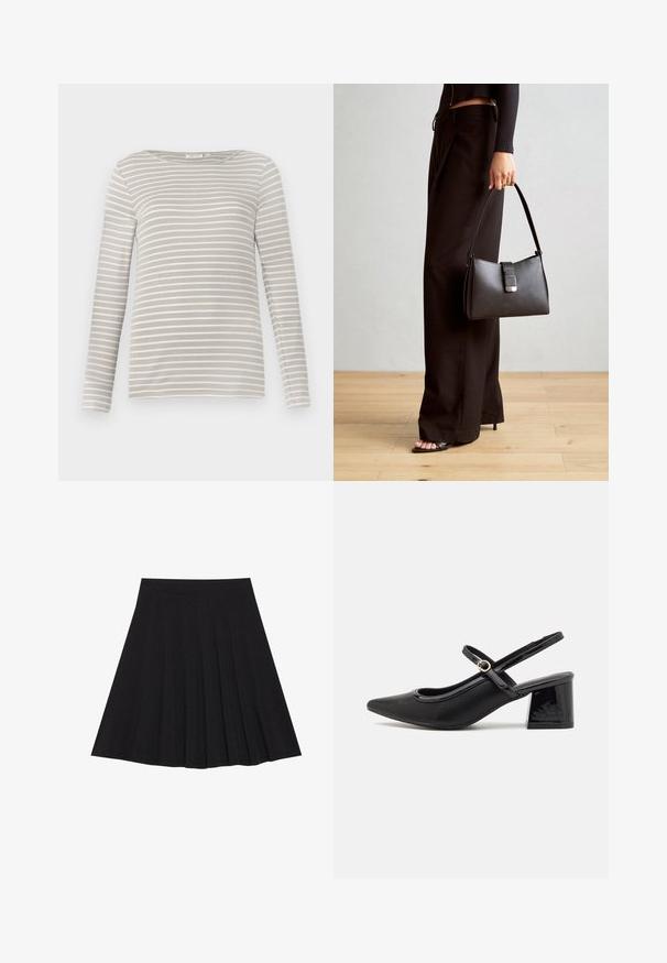 TOM TAILOR STRIPED BOAT NECK - Majica z dolgimi rokavi - taupe/offwhite; Črna plisirana krila iz strukturiranega materiala s prilegajočim pasom. Segajo do kolen in ponujajo gladko, čisto silhueto.; Črne patentne usnjene salonarce s slingback obliko, s koničastim nosom, zaobljenim izrezom in blok peto. Imajo zlato kovinsko zaponko kot dodatno okrasje.; Črna torbica z strukturirano obliko, gladko teksturo in kovinskim zaponko. Ujemajo se z širokimi črnimi hlačami in odprtimi sandali na lesenem tleh.