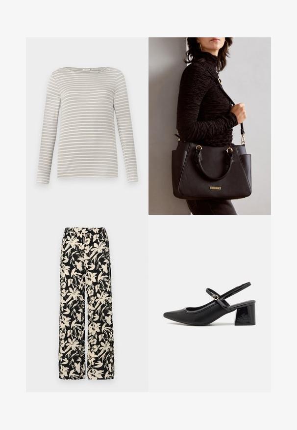 TOM TAILOR STRIPED BOAT NECK - Camisola de manga comprida - taupe/offwhite; Calças largas pretas com um padrão floral creme. Feitas de um tecido leve, apresentando uma textura suave e uma cintura alta.; Sabrinas de cerâmica preta com salto bloco, bico apontado e um design com recortes arredondados. Apresenta um detalhe em fivela de tom dourado.; Bolsa preta com superfície texturizada, alças superiores duplas e alça de ombro ajustável. Apresenta ferragens em tom dourado e bolsos laterais.