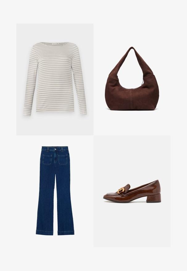 TOM TAILOR STRIPED BOAT NECK - Longsleeve - taupe/offwhite; Donkerblauwe denim flared jeans met een gladde textuur, vijf zakken en een knoopsluiting aan de taille.; Bruine leren loafers met een glanzende afwerking, met een decoratieve gouden gesp aan de voorkant en een lage blokhak. Klassiek ontwerp.; Bruin suède hobo tas met een gebogen, brede handgreep en een grote opening. Zachte textuur met zichtbare stiksels langs de randen.