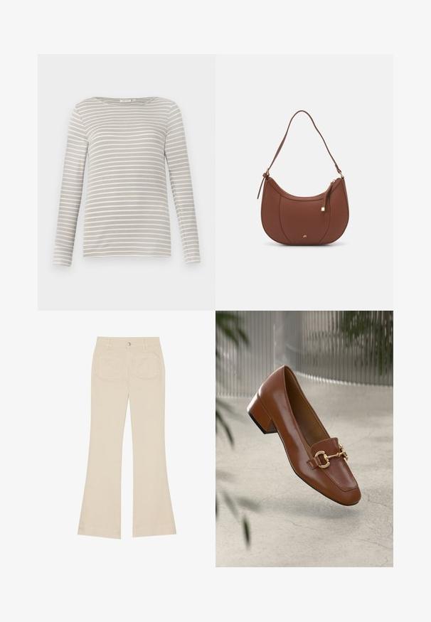 TOM TAILOR STRIPED BOAT NECK - Pikkade varrukatega topp - taupe/offwhite; Kreemjad flared püksid kõrge vöökoht ega, valmistatud puuvillast. Omavad ees- ja tagap pockets, vöö loops ja ühte hõbedast nuppu.; Pruunist lakknahast loafer, millel on ruudukujuline varvas, metallist ahel kaunistus ja madal plokkkonts; sile tekstuur, minimalistlik disain.; Pruun faux nahast õlaline kott, millel on kaarjas kuju, minimaalne õmblemine ja kuldse tooni metallist aksessuaar. Omab ülemist tõmblukku ja reguleeritavat rihma.