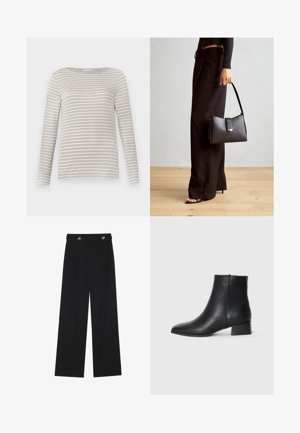 TOM TAILOR STRIPED BOAT NECK - Langarmshirt - taupe/offwhite; Schwarze weite Hosen mit hoher Taille, Knopfdetails am Bund und vorderen Falten.; Schwarze Leder-Ankle-Boots mit spitzer Zehenform und niedrigem Blockabsatz, featuring einer glatten Textur und minimalistischen Design.; Schwarze Handtasche mit strukturierter Form, glatter Textur und einem metallischen Verschluss. Kombiniert mit weiten schwarzen Hosen und offenen Sandalen auf einem Holzboden.