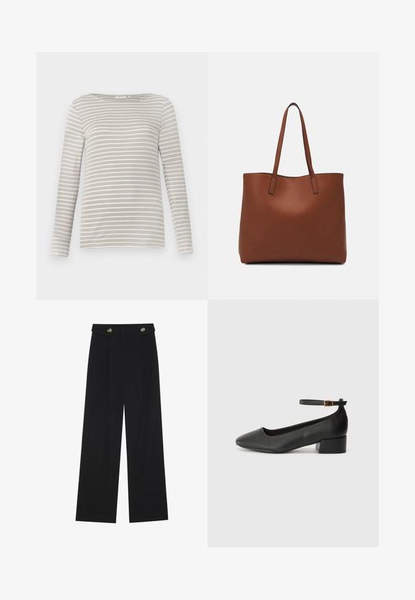 TOM TAILOR STRIPED BOAT NECK - Long sleeved top - taupe/offwhite; Black wide-leg trousers with high waist, button details on waistband, and front pleats.; Black leather pump with a pointed toe and a low block heel. Features an ankle strap with a gold-tone buckle. Smooth texture.; Brown leather tote bag with a smooth texture, open top design, and two shoulder straps. Features minimal stitching and no visible hardware.