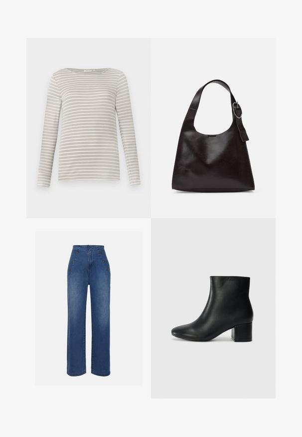 TOM TAILOR STRIPED BOAT NECK - Bluză cu mânecă lungă - taupe/offwhite; Jeans din denim cu talie înaltă, de culoare albastru mediu. Prezintă accente cu buton în față și un design cu picioare late. Materialul are o textură netedă, cu o ușoară decolorare.; Cizme negre din piele până la gleznă, cu vârf ascuțit și toc robust. Textură netedă, cu accente minime și un design elegant, ajustat.; Geantă de umăr din piele maro, cu o textură netedă, formă rotunjită, curea largă și un accent metallic circular pe mânere.