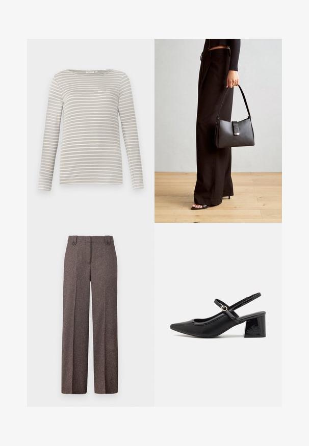 TOM TAILOR STRIPED BOAT NECK - Topper langermet - taupe/offwhite; Brune vide benbukser laget av teksturert stoff. Har to frontlommer og en skreddersydd passform med to knapper i midjen.; Sorte lakk lær slingback hæler med spiss tå, et avrundet utskjæringsdesign og blokkheel. Har en gulltone spenne som detalj.; Svart håndveske med strukturert form, jevn tekstur og metallisk lås. Kombinert med brede svarte bukser og sandaler med åpen tå på tregulv.