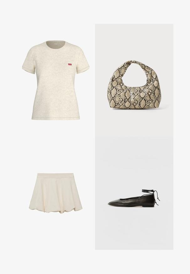 Krémové tričko s krátkým rukávem vyrobené z bavlněné směsi. Obsahuje malé červené logo Levi's na levém prsu. Klasická design s kulatým výstřihem.; Světle krémová sukně s jemnou, hladkou texturou, rozšířeným střihem a vlnkovaným lemem. Má široký, elastický pas pro pohodlí.; Černé kožené baletky s špičatou špičkou, vázáním na kotníku a plochou podrážkou, s hladkým povrchem a minimalistickým designem.; Kabelka s hadím vzorem a zakřiveným držadlem. Vyrobena z texturovaných béžových a hnědých materiálů, s charakteristickým diamantovým vzorem.