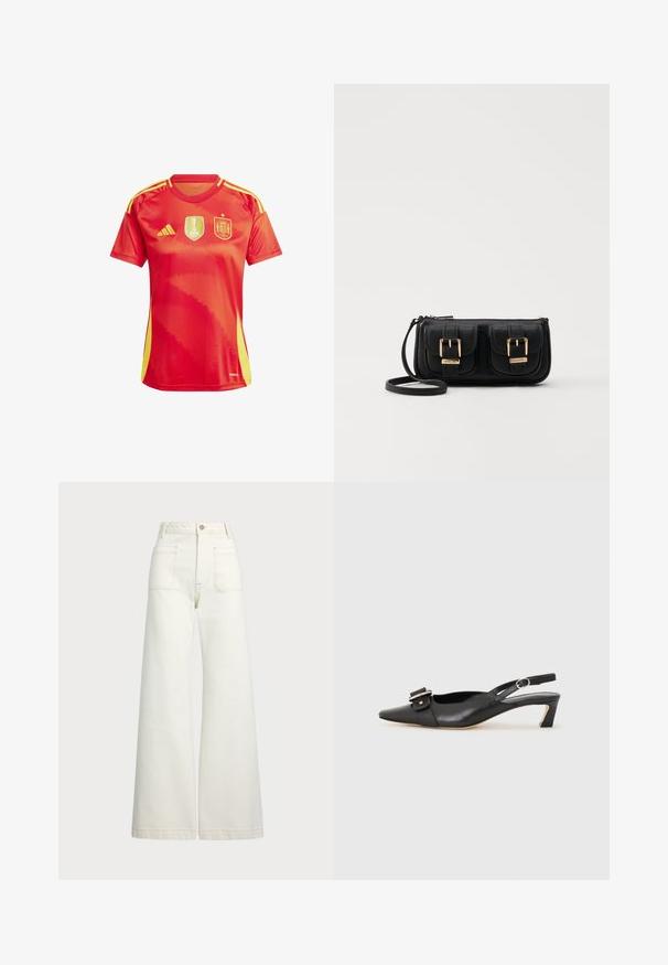 Červený sportovní dres se žlutými akcenty, zdobený logem Mistrovství světa žen FIFA a státním emblémem Španělska. Krátké rukávy, kulatý výstřih.; Džíny s širokými nohavicemi v off-white denim. Vysoký pas s knoflíkovým zapínáním, dvě přední kapsy a detaily kontrastního šití.; Černé kožené sandály s úzkou špičkou, malým podpatkem a dekorativní sponou na nártu. Hladký povrch, minimalistický design.; Černá kožená crossbody taška se dvěma předními kapsami, zlatými přezkami, zipovým uzávěrem a štíhlým popruhem. Texturovaný povrch a kompaktní obdélníkový tvar.