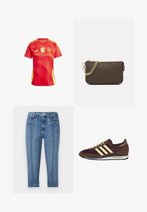Red sports jersey with yellow accents, featuring the FIFA Women's World Cup logo and Spain's national emblem. Short sleeves, round neck.; Denim trousers in medium blue, featuring a five-pocket design, straight cut, and contrast stitching along the side seams.; Brown and burgundy sneaker with suede and mesh materials, featuring three cream stripes, textured fabric on the tongue, and a rubber sole.; Brown leather crossbody bag with logo pattern, gold chain strap, zipper closure, and gold hardware accents. Compact and rectangular shape.; Gold rectangular watch with a dark green striped face, two white vertical hour markers, gold hands, and a gold link bracelet.