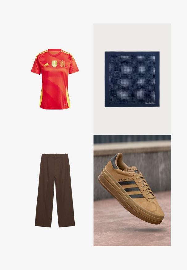 Punainen urheilupaita keltaisilla yksityiskohdilla, jossa on FIFA:n naisten MM-kisojen logo ja Espanjan kansallinen vaakuna. Lyhyet hihat, pyöreä kaula-aukko.; Ruskeat leveälahkeiset housut, jotka on valmistettu sileästä kankaasta. Niissä on korkea vyötärö, etusilkkukkeet ja kaksi sivutaskua.; Vaaleat mokkanahkakengät, joissa on sileä pinta, kolmea tumman raitaa, pyöristetty kärki ja paksumpi pohja, jossa on kuvioitu reuna.; Laivastonsininen neliönmuotoinen silkkinuttu, jossa on valkoinen pistekuvio ruudukossa; alaoikeassa kulmassa logo.; Vaaleansininen nahkakäsilaukku, jossa on yläkahva, etutasku kannella ja irrotettava rannetuki valkoista taustaa vasten.