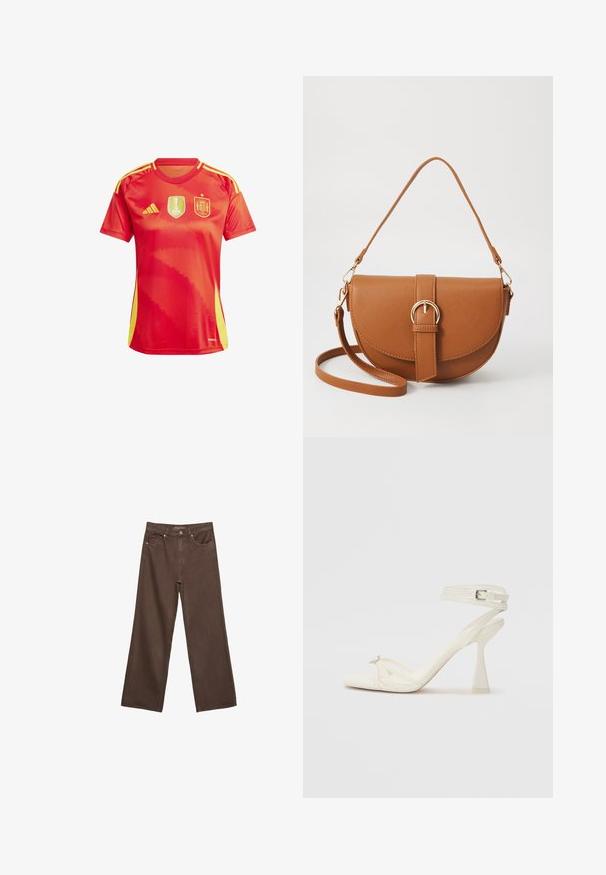 Rdeča športna majica z rumenimi akcenti, ki vsebuje logotip ženske svetovne prvenstva FIFA in nacionalni grb Španije. Kratki rokavi, okrogla ovratnica.; Široke rjave kavbojke iz denima, ki imajo visok pas, sprednje žepe in klasično zapiranje na gumb. Gladka tekstura s subtilnim šivom.; Sandal z visoko peto z naramnicami v beli usnjeni izvedbi s popolnim dizajnom, prozorno blok peto in dekorativnim elementom na prstih.; Rjava usnjena torbica prek telesa s ukrivljeno obliko, zlate opreme in sponko. Ima odstranljiv naramni trak.; Srebrn dvojni prstan z gladko, polirano površino. Ima tekoč, ukrivljen dizajn z prekrivajočimi se sekcijami za sodoben videz.