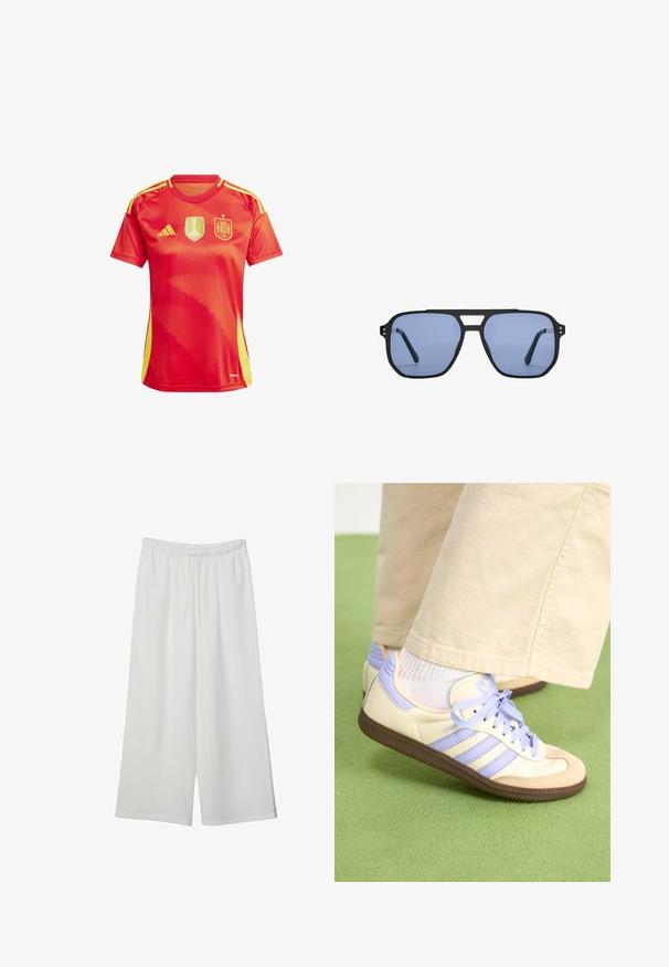 Červený sportovní dres se žlutými akcenty, zdobený logem Mistrovství světa žen FIFA a státním emblémem Španělska. Krátké rukávy, kulatý výstřih.; Bílé kalhoty s širokými nohavicemi vyrobené z lehké tkaniny, s elastickým pasem a stahovací šňůrkou pro nastavitelnou velikost. Hladká textura.; Krémové a levandulové tenisky se třemi pruhy a texturovanou hnědou podrážkou, vybavené tkaničkami a polstrovanou patou. Měkký textilní svršek.; Stradivarius RETRO - Sluneční brýle - light blue