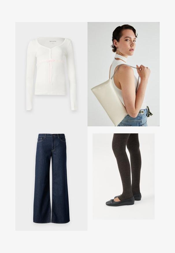 White long-sleeve top with a ribbed texture, featuring a scoop neckline and a decorative pink ribbon accent around the bust area.; Wide-leg jeans in dark blue denim. Features contrast stitching, five pockets, and a button closure at the waist. Smooth texture.; Black flat shoes with a small bow detail at the toe, paired with dark brown ribbed tights. Shoes have a smooth texture and low profile.; White rectangular clutch bag made of glossy material, featuring a silver chain strap. Model poses, showcasing the bag against a plain background.