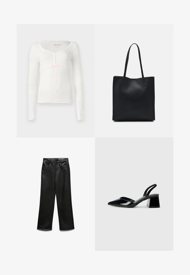 Biała bluzka z długim rękawem o prążkowanej fakturze, z dekoltem w kształcie łodzi oraz ozdobnym różowym wstążką w okolicy biustu.; Czarne, szerokie spodnie z ekoskóry z przednimi kieszeniami, szlufkami na pasek i subtelnym połyskiem. Gładka tekstura i dopasowany krój.; Czarne lakierowane półbuty na obcasie z wydłużonym noskiem i geometrycznym słupkiem. Charakteryzują się eleganckim, minimalistycznym designem oraz gładką fakturą.; Czarna skórzana torba tote o gładkiej fakturze, prostokątnym kształcie i dwóch długich uchwytach. Brak widocznych elementów metalowych i ozdób.