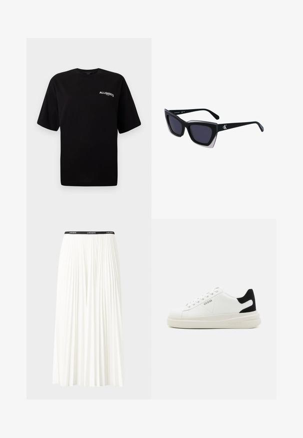 Svart bomull t-skjorte med rund hals, korte ermer og en liten hvit "ALLSAINTS" logo på venstre bryst. Glatt tekstur, avslappet passform.; Plissert hvit skjørt med en svart elastisk midje som har "LACOSTE"-logoen. Midjelengde design med myk tekstur.; Hvite lær sneakers med tykk hvit såle, svart semsket hælforsterkning og preget logo på siden. Snøresystem med seks hull.; Store svarte solbriller i overdimensjonert størrelse med geometrisk form, med mørke linser og en kontrasterende grå detalj på rammen. Logo på armen.
