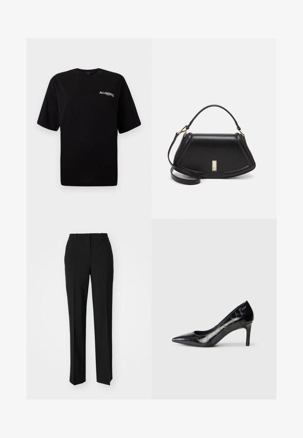 Svart bomullströja med rundad halsringning, korta ärmar och en liten vit "ALLSAINTS" logotyp på vänster bröst. Slät textur, avslappnad passform.; Svarta skräddarsydda byxor med rak benform, med en slät yta och skarpa veck fram. Ingen synlig hårdvara.; Svarta spetsiga högklackade skor med glansig yta och subtilt mönster. Har en måttlig klack och öppen halsdesign.; Svart läderhandväska med en strukturerad design, som har en avskuren form, ett handtag upptill och guldiga detaljer. Justerbar axelrem ingår.