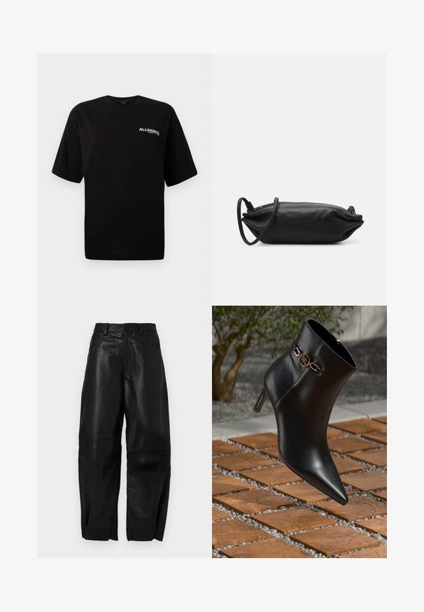 T-shirt preta de algodão com decote redondo, mangas curtas e um pequeno logótipo branco "ALLSAINTS" no lado esquerdo do peito. Textura suave, ajuste descontraído.; Calças de couro preto com um ajuste solto, apresentando um design de perna reta, bolsos frontais e detalhes de costura visíveis.; Bota de tornozelo em couro preto com bico fino e salto pequeno. Apresenta um detalhe em corrente dourada no tornozelo. Cercada por uma superfície de pedra texturizada.; Carteira de mão em couro preto com formato retangular, textura suave, alça de ombro fina e design minimalista.