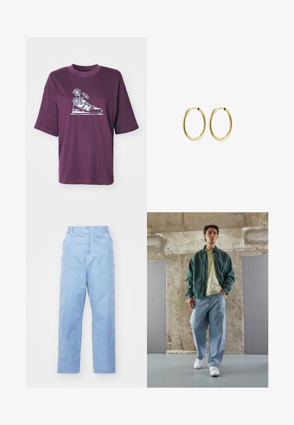 New Balance OVERSIZED FLOWER - Apdrukāts T-krekls - plum brown; Gai zili džinsi ar taisnu kāju dizainu, pogu aizdari un priekšējām kabatām. Audumam ir smalka tekstūra ar gludu apdari.; Zaļš bumbers ar gaismas dzeltenu polo, kopā ar brīvām zilo džinsu biksēm un baltām sporta apaviem. Gludi audumi, brīvs piegriezums, minimāls aprīkojums.; Zelta metāla gredzena auskari ar gludu apdari, apaļu formu un drošu aizdari. Nopulēta virsma bez redzamām rakstām vai akcentiem.