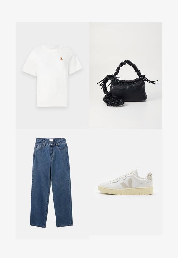 Camiseta blanca de manga corta con un pequeño osito de peluche marrón bordado en el lado izquierdo del pecho. Diseño simple y casual.; Jeans de mezclilla azul clásico con un diseño de pierna recta, cinco bolsillos y cierre de botón. Presenta un lavado medio y una textura resistente.; Zapatilla de piel blanca con acentos de ante beige, caja de puntera perforada, cordones planos y suela texturizada en color crema. Cuenta con un branding sutil en el talón.; Bolso de mano de imitación cuero negro con textura de cocodrilo, parte superior fruncida y correa arrugada. Presenta un diseño suave y compacto.
