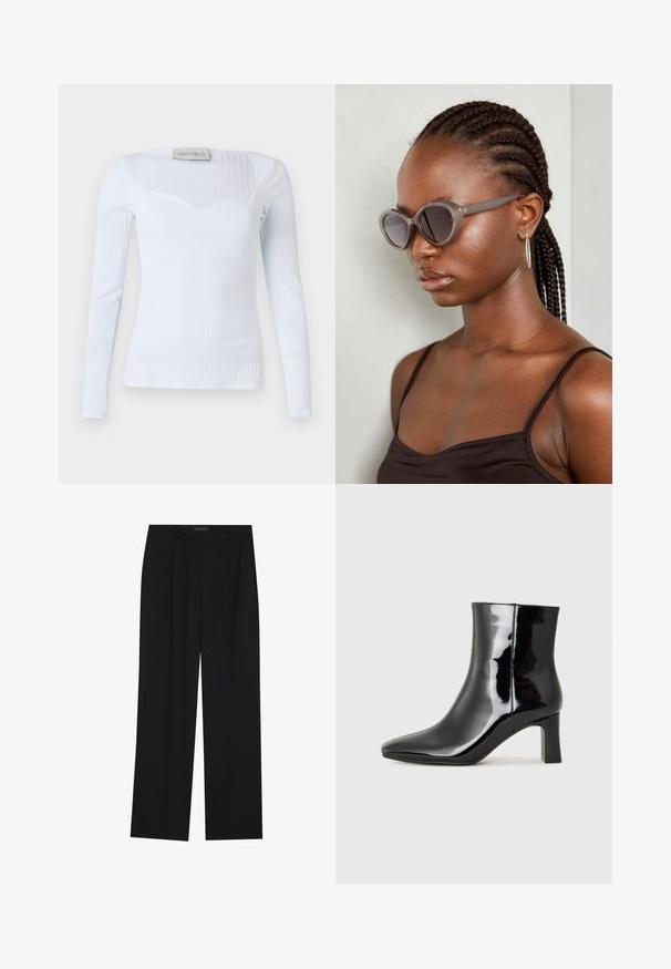 Long-sleeve white ribbed shirt with a square neckline, made of stretch fabric, featuring subtle texture and form-fitting design.; Black trousers with a straight-leg design, featuring two front pockets and a waistband. Made from a smooth, lightweight fabric.; Black patent leather ankle boot with a pointed toe and a mid-height block heel. Smooth texture and minimalist design.; Gray oversized sunglasses with a rounded shape and dark lenses. Sleek plastic frame with a smooth finish. Model has braided hair.; Black handbag with structured shape, smooth texture, and a metallic clasp. Paired with wide black pants and open-toe sandals on wooden floor.
