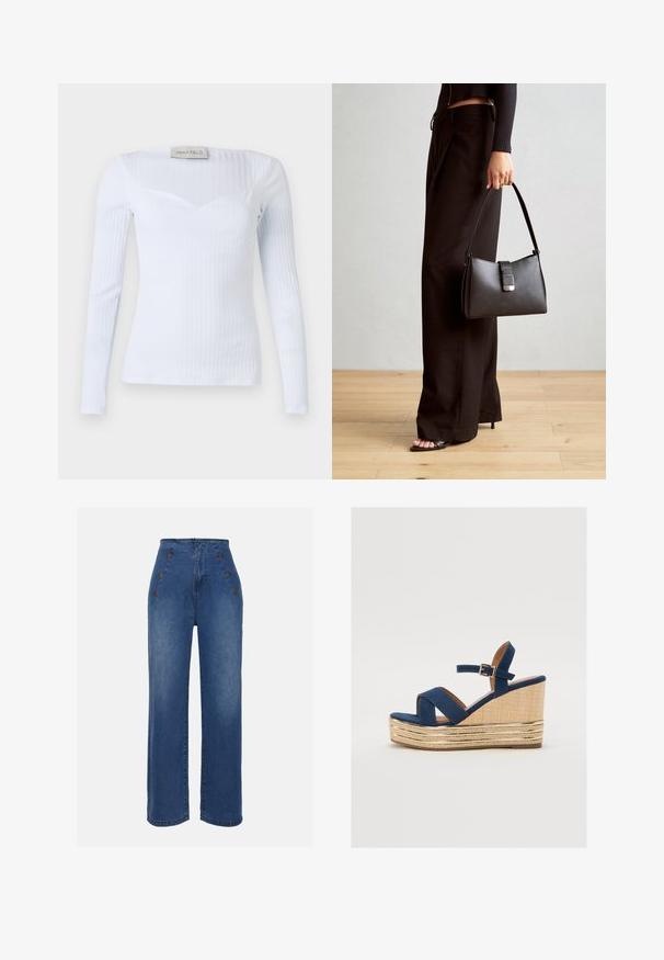 Pikkade varrukatega valge ribakujuline särk, millel on ruudukujuline kaelus, valmistatud venivast kangast, millel on peen tekstuur ja keha külge soe disain.; Keskmise sinise värviga kõrge vöökohaga teksad. Omavad esipoolsete nööbiefekte ja laia jala disaini. Kanga tekstuur on sile ja kerge kulumisega.; Tumesinine klotsmanisaapad ristatud rihmadega, tekstureeritud looduslikust kiust platvorm ja kuldne metallist aktsent põhjas.; Must musta kott, millel on struktureeritud kuju, sile tekstuur ja metallist klamber. Kombineeritud laiate mustade pükstega ja avatud varvaste sandaalidega puidust põrandal.