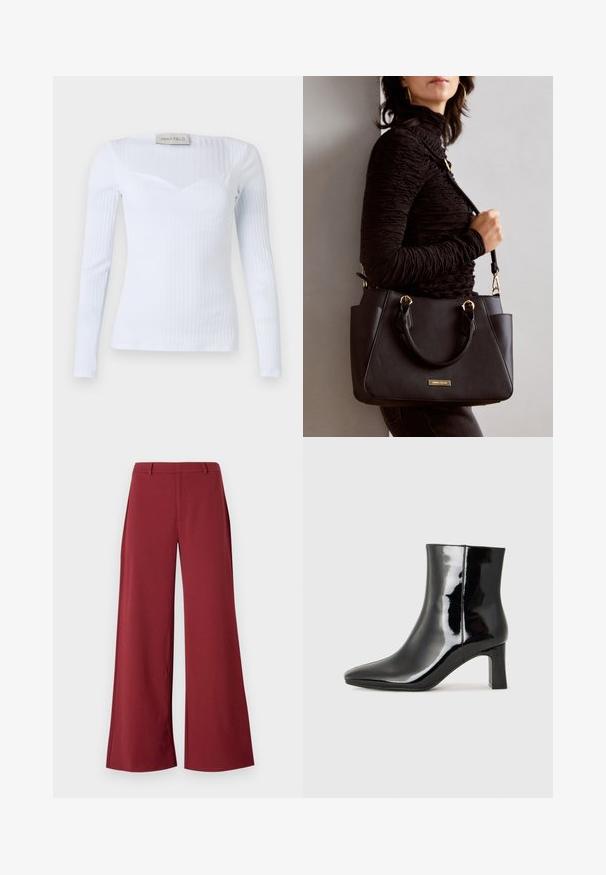 Biała, długosleeve'owa koszula z prążkowanego materiału ze kwadratowym dekoltem, wykonana z elastycznej tkaniny, charakteryzująca się subtelną teksturą i dopasowanym krojem.; Spodnie o szerokich nogawkach w głębokim burgundowym kolorze. Wykonane z gładkiego, elastycznego materiału z dopasowanymi szwami i zapięciem na zamek z przodu.; Czarne lakierowane botki za kostkę z wysmukłym noskiem i średniej wysokości obcasem w kształcie słupka. Gładka tekstura i minimalistyczny design.; Czarna torebka z teksturowanej powierzchni, podwójnymi uchwytami na górze i regulowanym paskiem na ramię. Posiada złote okucia i boczne kieszenie.