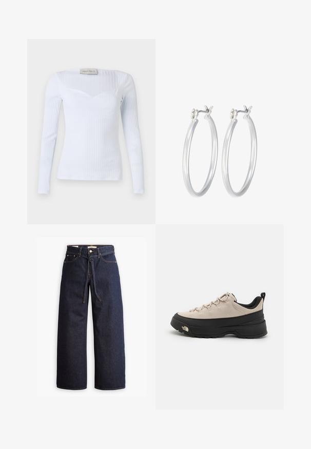 Pikkade varrukatega valge ribakujuline särk, millel on ruudukujuline kaelus, valmistatud venivast kangast, millel on peen tekstuur ja keha külge soe disain.; Laiad joped tumeda sinise denimi ja kõrge taljega, millel on paela kinni tõmbamise võimalus, viis taskut ja kontrastsete õmblustega detailid.; Bežsuede matkajalats musta kummiTallaga, tekstuursete aktsentidega ja peegeldavate paeltega. Omab tõmbluku jaoks tõmbeäärt, et oleks lihtne selga panna.; Hõbedased rõngaskõrvarõngad, millel on sile, läikiv viimistlus. Ümmargune kuju ja turvaline klõpsulatus. Kerge disain, sobib igapäevaseks kandmiseks.