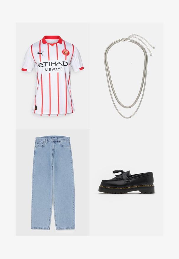 Camisa de futebol branca com riscas verticais vermelhas, um colo vermelho e o logo da PUMA. Apresenta "ETIHAD AIRWAYS" em preto na parte frontal.; Jeans de denim azul claro com design de perna reta, apresentando uma cintura de altura média, cinco bolsos e um fecho de botão e zíper.; Mocassim de couro preto com um detalhe de franjas, apresentando uma sola preta robusta e costura amarela ao longo da borda. Acabamento texturizado.; Colar de metal prateado em três camadas, com correntes flexíveis e elegantes que possuem um leve brilho, fechado com um fecho de lagosta e corrente ajustável.