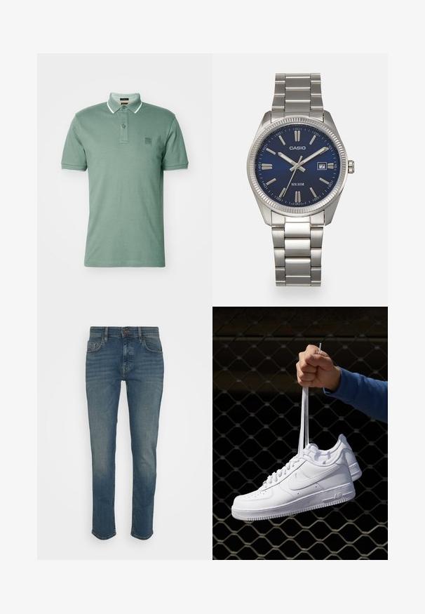 BOSS PASSERTIP - Polo shirt - open green; Dark blue jeans with a slim fit, featuring a button closure, five pockets, and a slightly faded finish. Made of denim fabric.; White leather sneakers with perforations, round toe, flat sole, and thick laces, featuring a visible swoosh logo and "AIR" on the heel.; Silver stainless steel wristwatch with a navy blue dial, metallic hour markers, and a date window at 3 o'clock. Water-resistant to 50 meters.